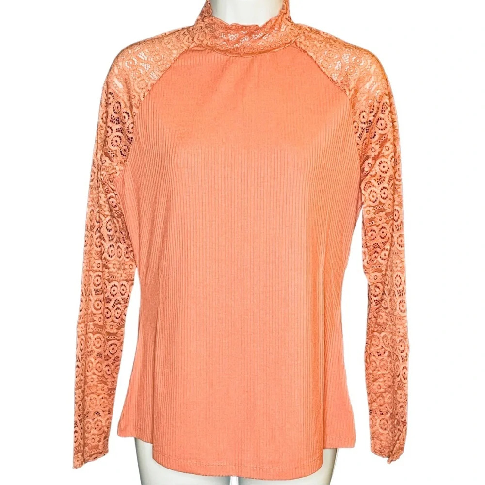 New York & Co. Lace Sleeve Mock Neck Top